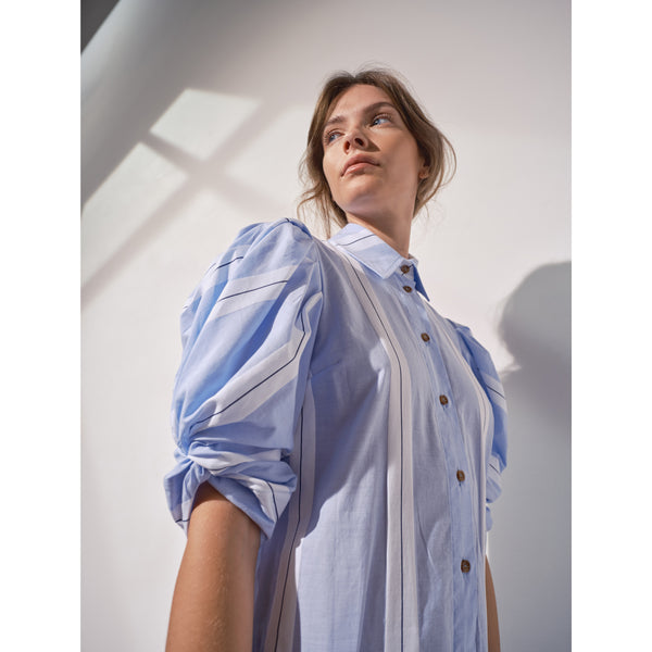 Ines Knot Sleeve Shirt Dress White & Blue Stripe