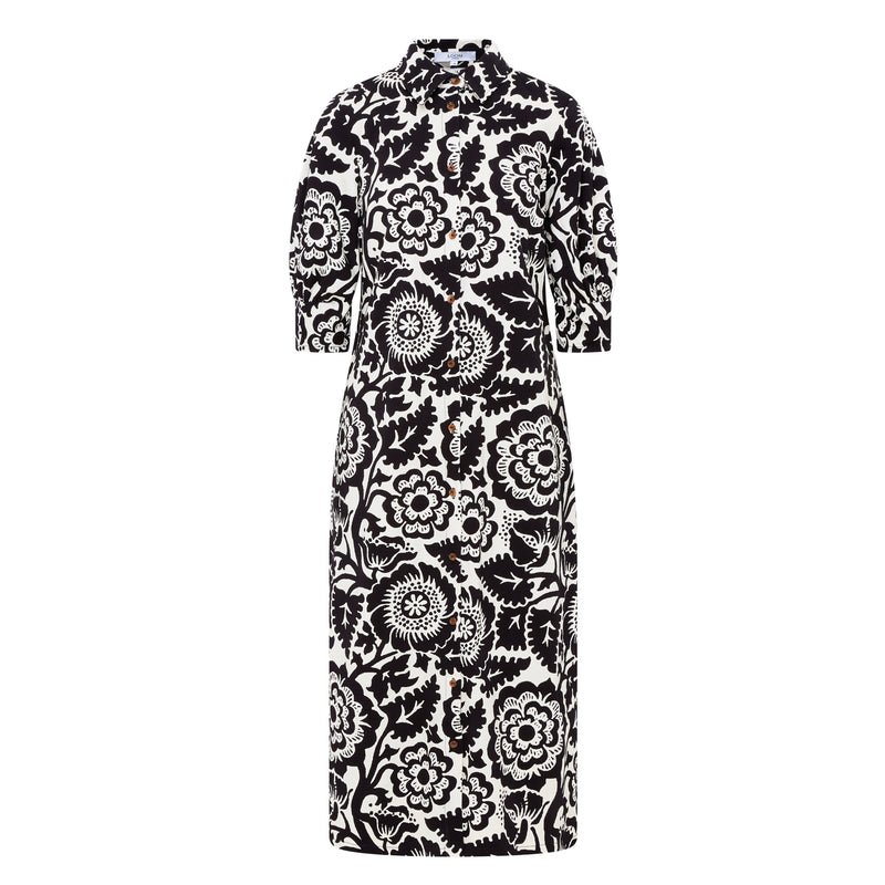 Adelaine Pleat Back Black Print Shirt Dress